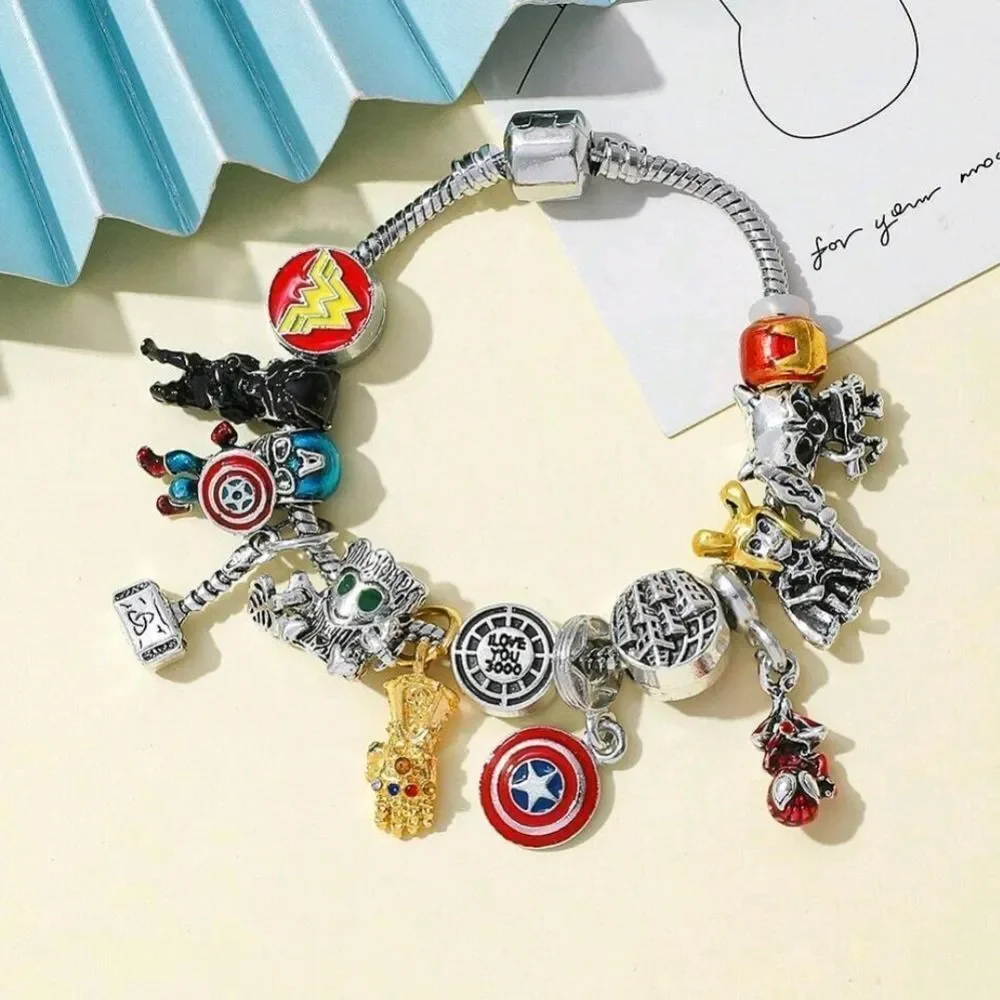 Silver Marvel Avengers Spiderman Characters Themed Loaded Charm Bracelet